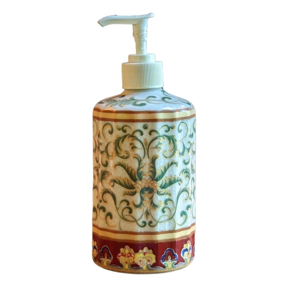 Porcelain China Liquid Soap Dispenser Green Gold Burgundy Palm Trees w/Crack… - Picture 2 of 5